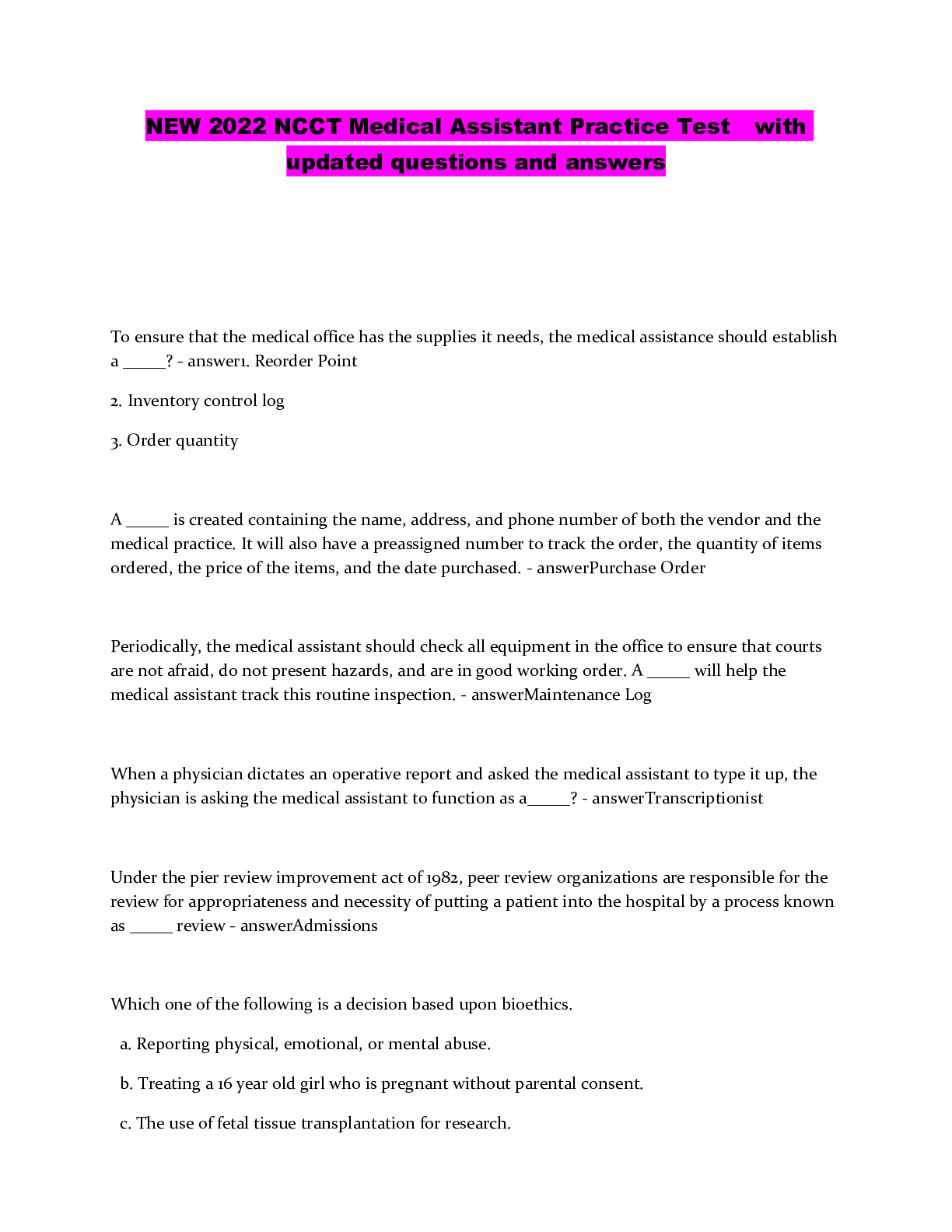 Preview image of NCCT Medical Assistant Practice Test document